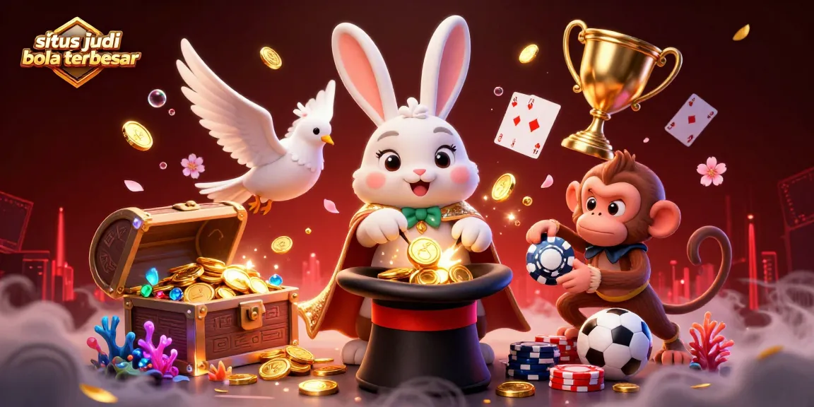 Situs judi bola terbesar sports betting scene featuring a magician rabbit, dove, and monkey amidst golden coins.