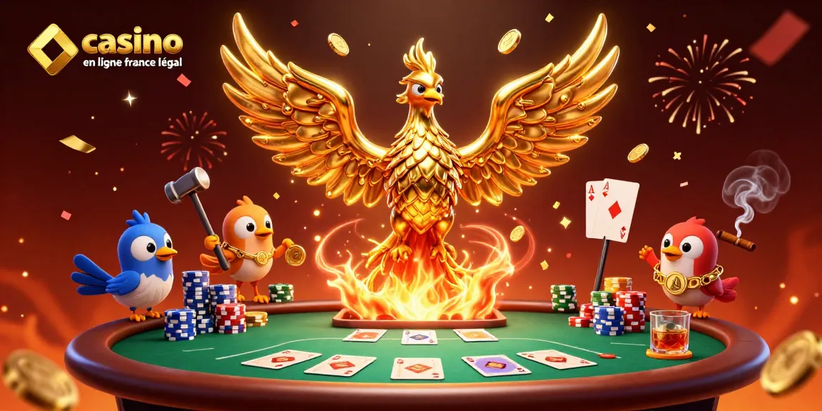 Création artistique étonnante illustrant un casino en ligne France légal avec un phénix doré en métal fondu.