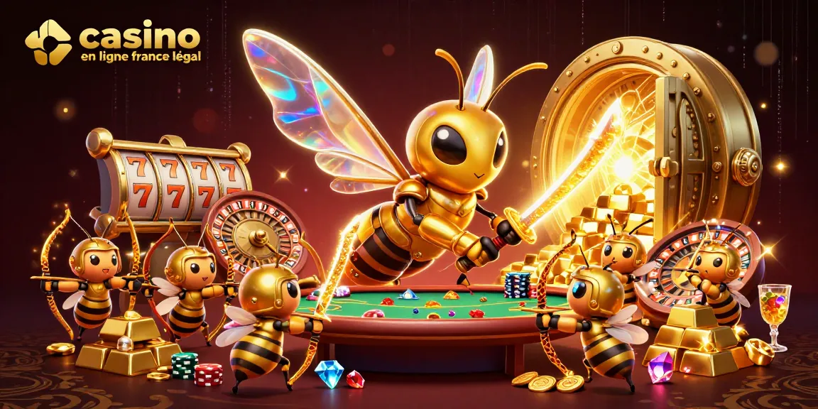 Illustration captivante du casino en ligne France légal avec un hornet en armure samouraï entouré d’éléments de jeu.
