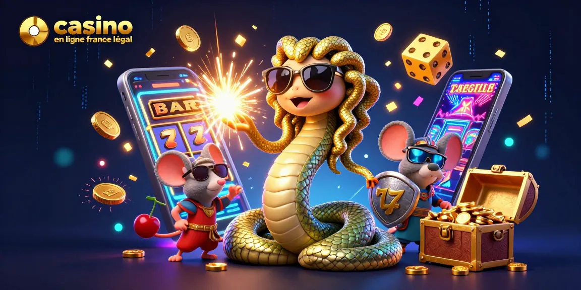 Illustration dynamique pour un casino en ligne légal en France avec Méduse et un guerrier souris entouré de machines à sous.