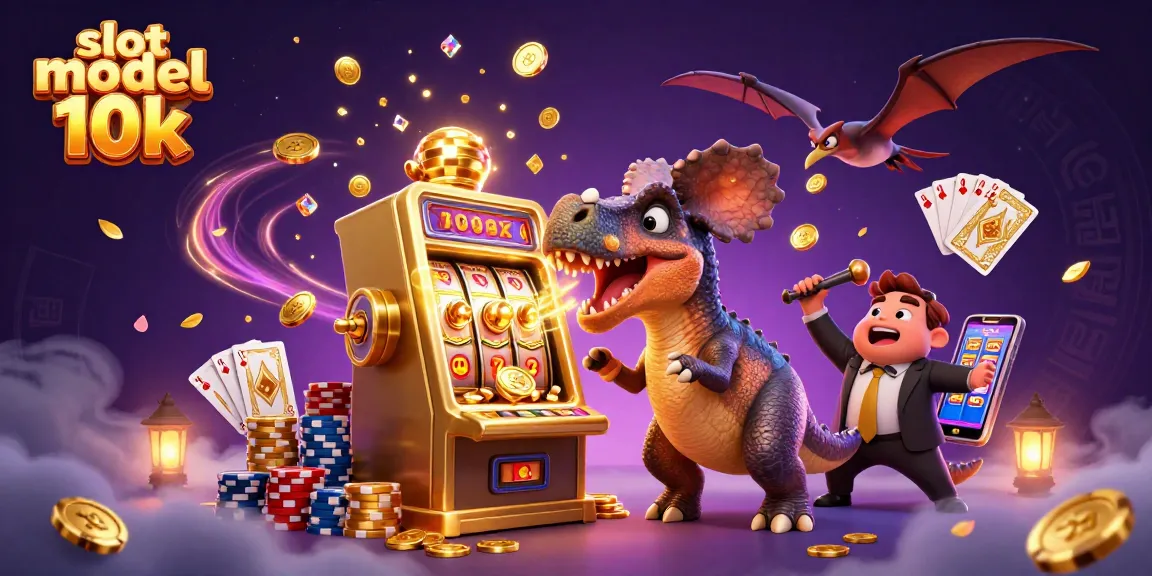 Experience the thrills of slot modal 10k as a cartoon dinosaur beats a jackpot machine showering coins!