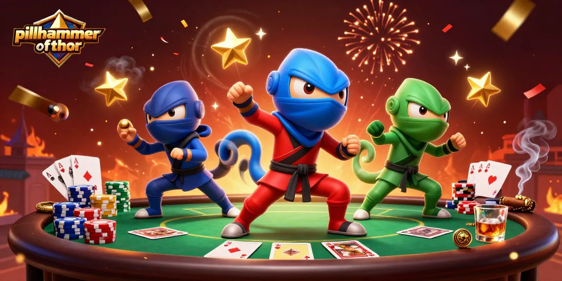 Visualisasi dinamis pillhammerofthor menampilkan tim ninja chameleon melakukan aksi di kasino dengan elemen permainan poker.