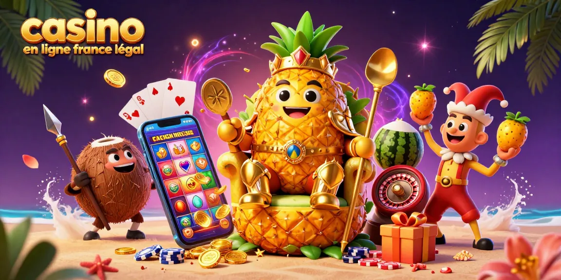 Illustration dynamique représentant le roi ananas sur son trône au casino, jouant au casino en ligne France légal.