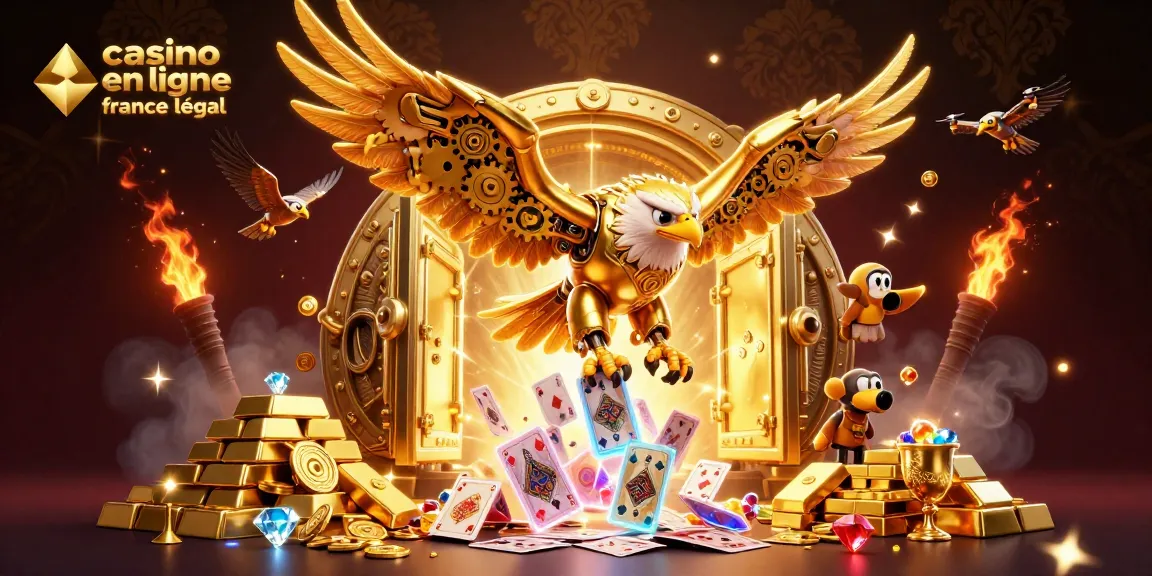 Illustration 3D d'un aigle cybernétique plongeant parmi des cartes de jeu, représenté pour le casino en ligne légal en France.